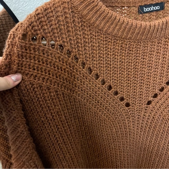 🤎 Boohoo Textured Knit Balloon Sleeve Sweater | Cozy Brown Sz S-M - Picture 4 of 6